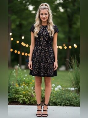 BLUE PEPPER Lace Short Sleeve Fit-and-Flare Dress